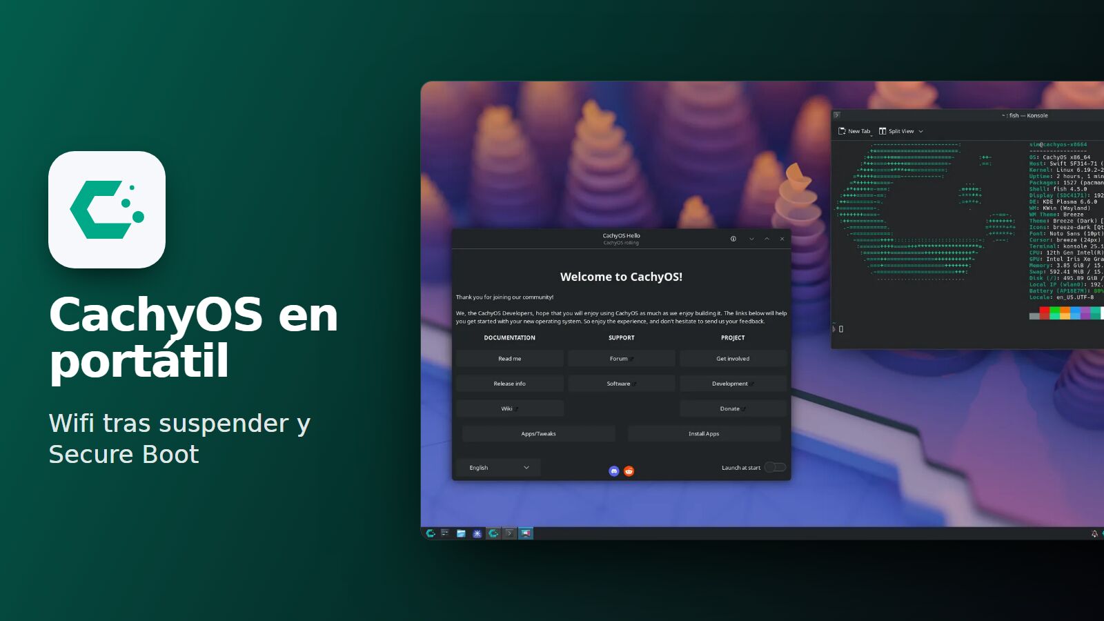 Logotipo de CachyOS junto a una captura oficial de su escritorio