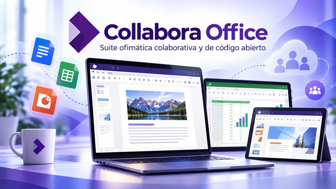Logotipo de Collabora Office sobre un portátil, una pantalla y una tableta con un documento, una hoja de cálculo y una presentación