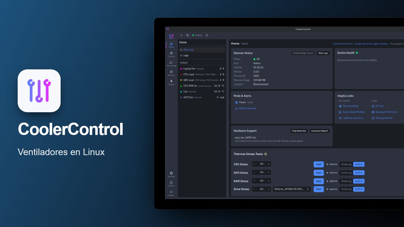 Logotipo de CoolerControl junto a una captura de su pantalla de inicio con el estado de los ventiladores
