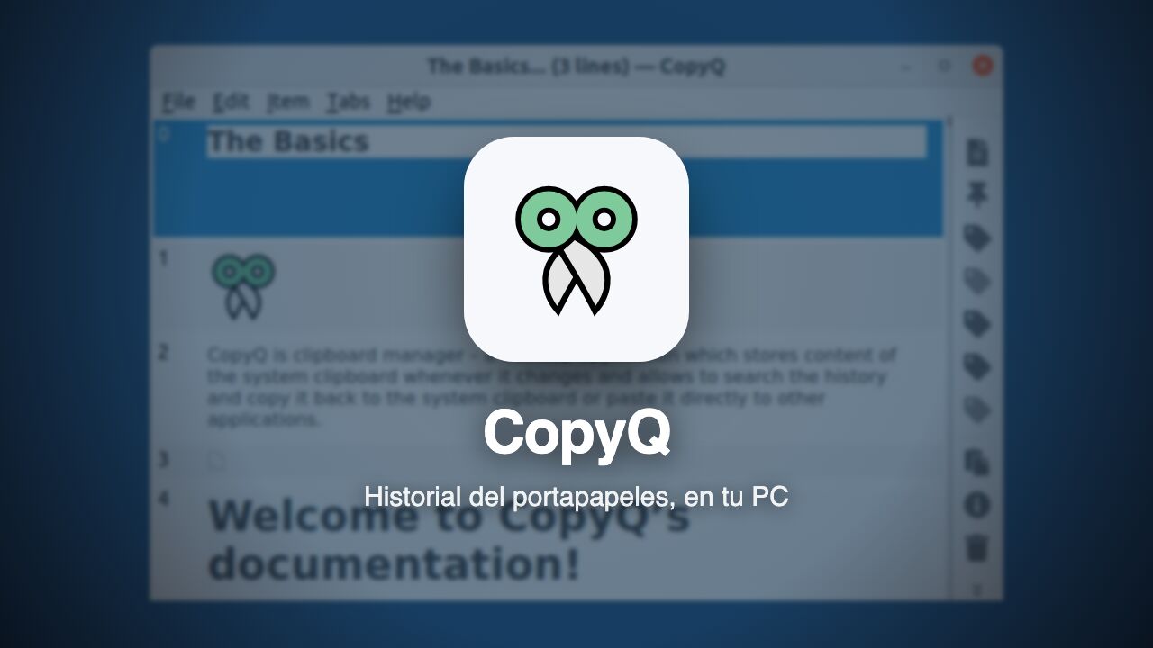 Logotipo de CopyQ sobre una captura de su ventana principal