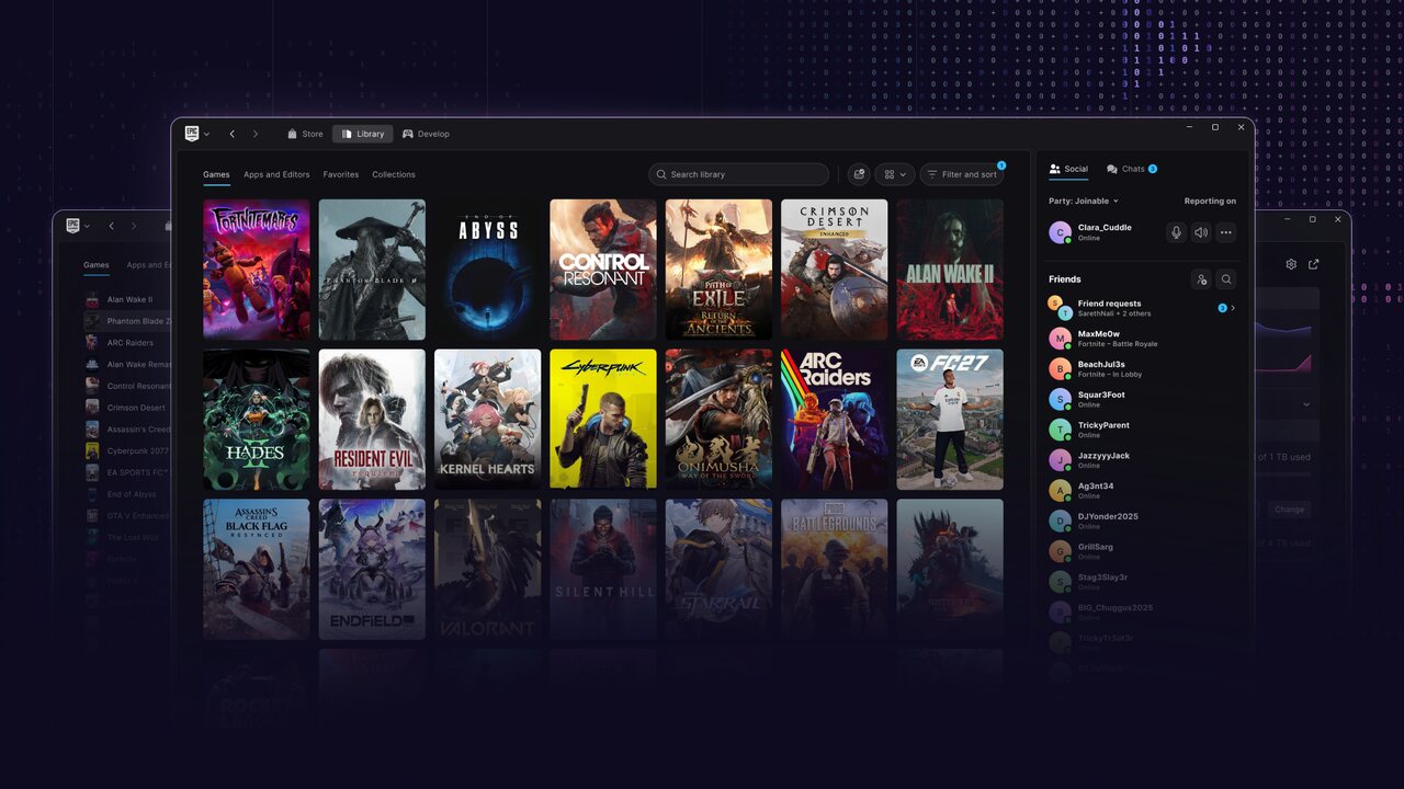 El launcher nuevo de Epic Games en vista previa, con la biblioteca de juegos en cuadrícula y la lista de amigos a la derecha