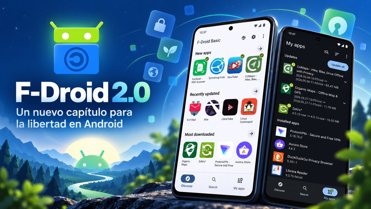 Logotipo de F-Droid 2.0 junto a dos móviles con las pantallas Descubrir y Mis aplicaciones