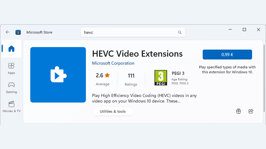 Ficha de HEVC Video Extensions en la Microsoft Store, con un precio de 0,99 euros