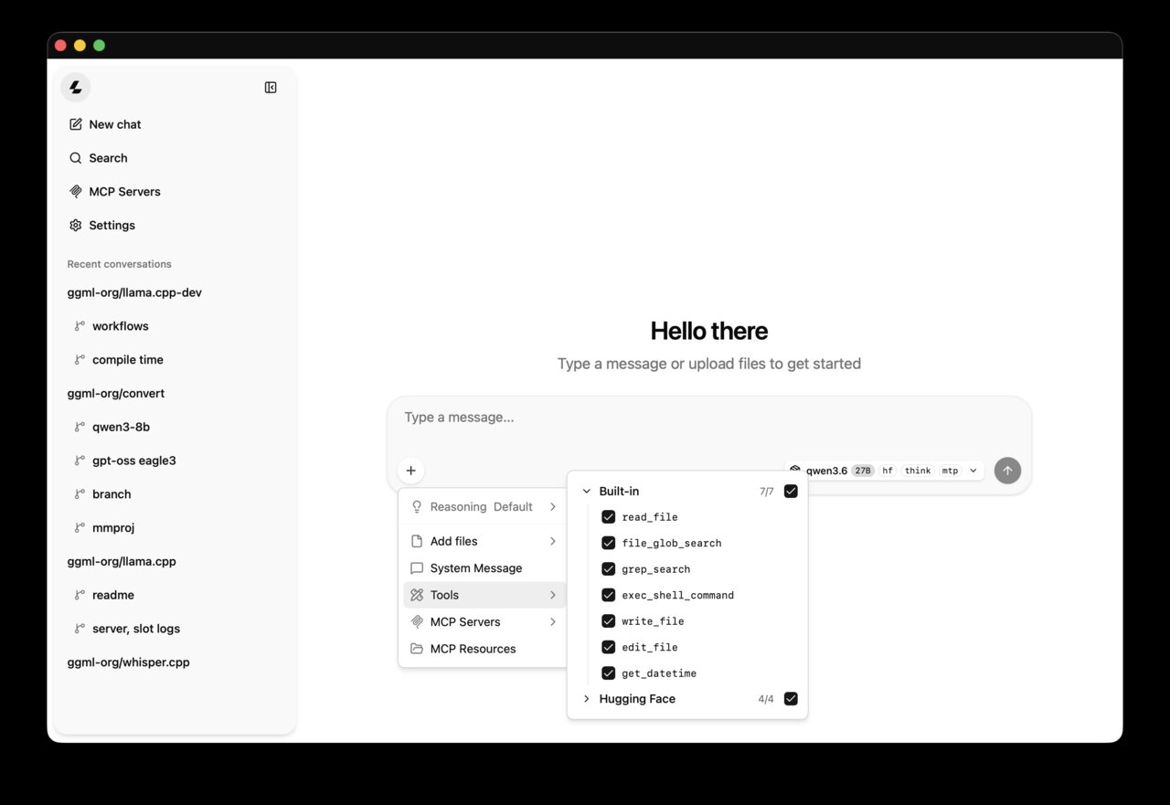La página web de llama.cpp en el navegador, con la lista de conversaciones a la izquierda y el cuadro para escribir al modelo