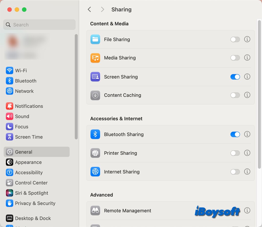 Ajustes del Sistema de macOS, General, Compartir, con Compartir pantalla activado