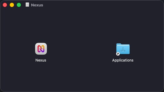 Imagen del disco de Nexus en macOS con el icono de Nexus a la izquierda y la carpeta Aplicaciones a la derecha