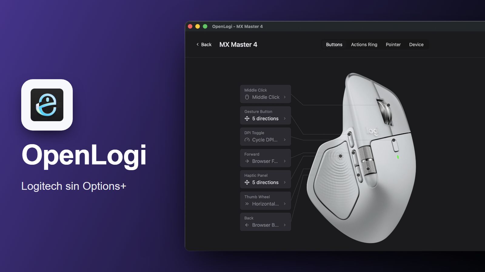 Icono de OpenLogi junto a una captura con los botones de un ratón MX Master 4