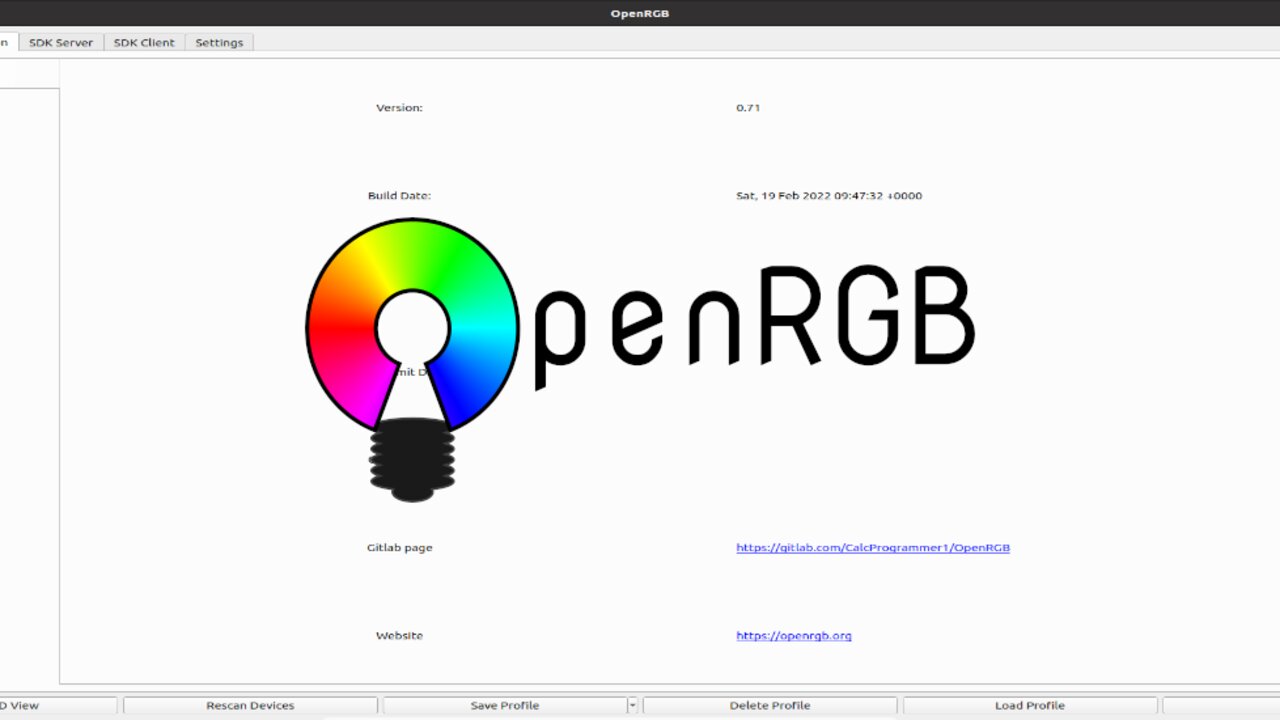 El logotipo de OpenRGB, una bombilla con la rueda de colores, sobre la ventana de información del programa