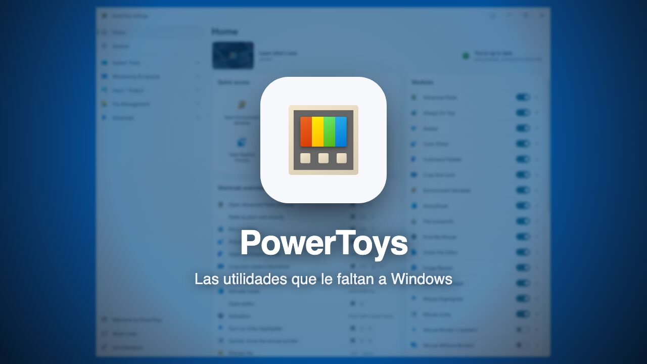 Logotipo de PowerToys sobre una captura de su pantalla de inicio