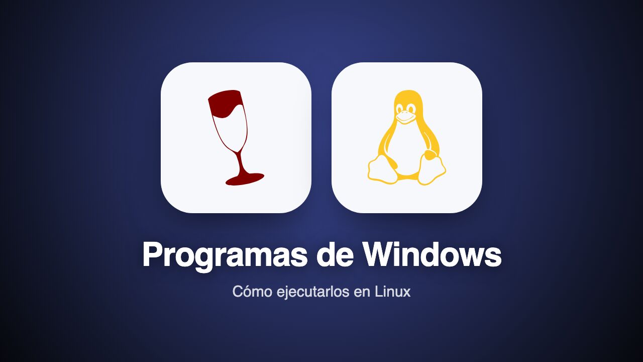 Logotipos de Wine y Linux sobre fondo azul