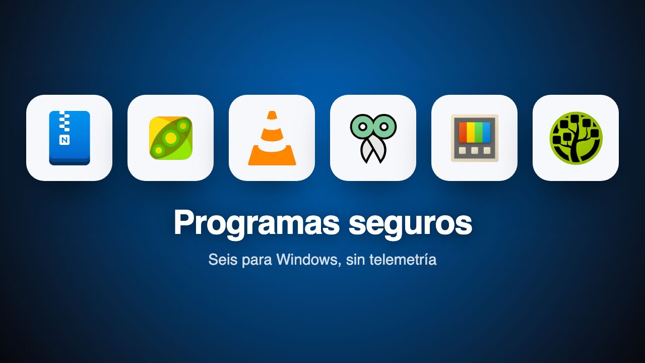 Logotipos de PeaZip, VLC, CopyQ, PowerToys y WinDirStat sobre fondo azul