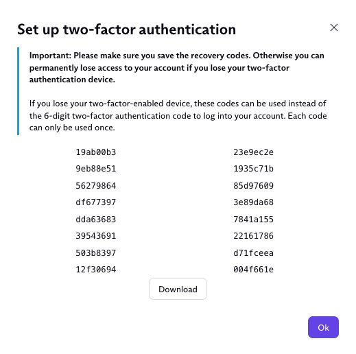 Ventana Set up two-factor authentication de Proton con una lista de códigos de recuperación de ejemplo y el botón Download