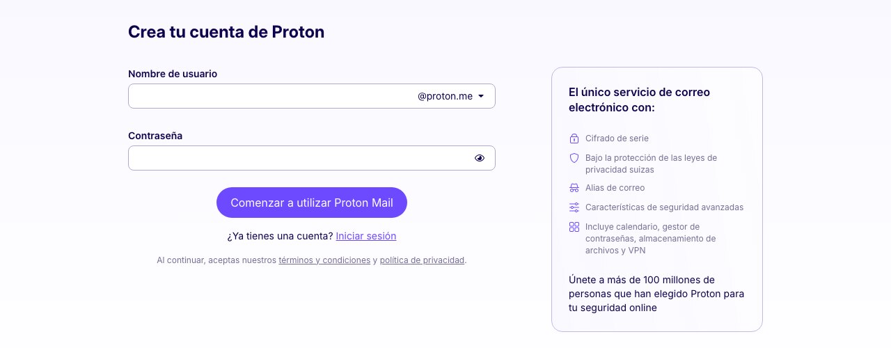 Formulario Crea tu cuenta de Proton con el nombre de usuario terminado en @proton.me, la contraseña y el botón Comenzar a utilizar Proton Mail