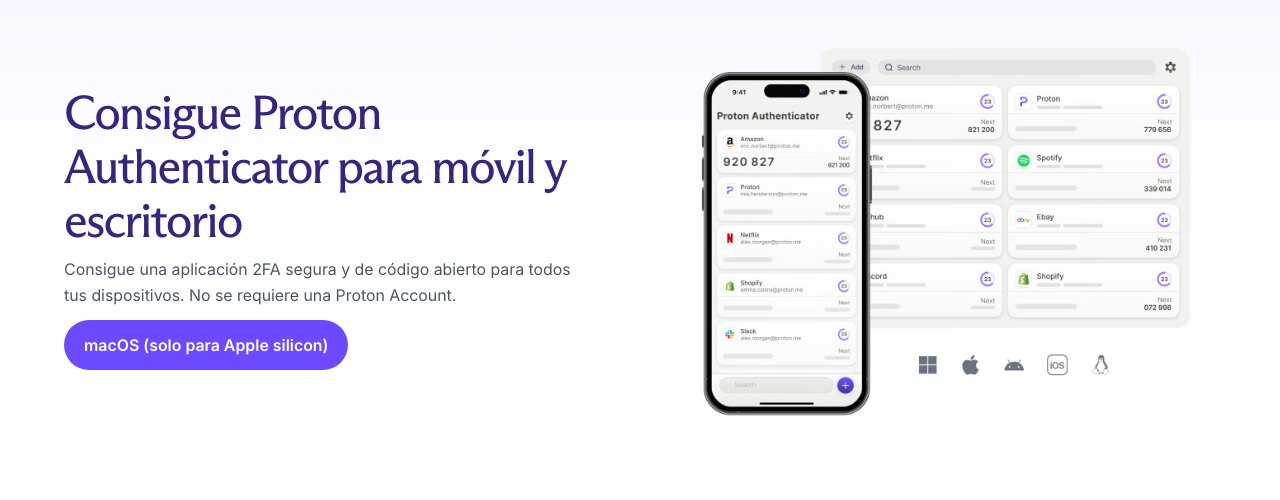 Página de descarga de Proton Authenticator con la app en un móvil y en el escritorio, y los sistemas Windows, macOS, Android, iOS y Linux