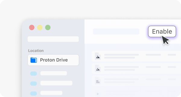 Barra lateral de Finder con Proton Drive en Ubicaciones y el botón Enable a la derecha