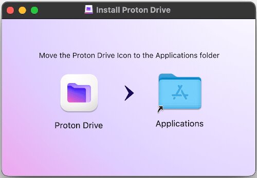 Ventana del instalador de Proton Drive en macOS: el icono de Proton Drive, una flecha y la carpeta Aplicaciones