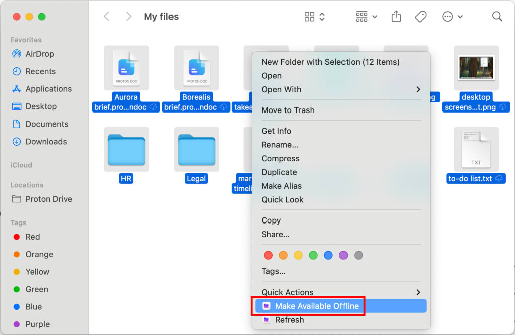Finder dentro de Proton Drive con el menú del clic secundario abierto y la opción Make Available Offline resaltada