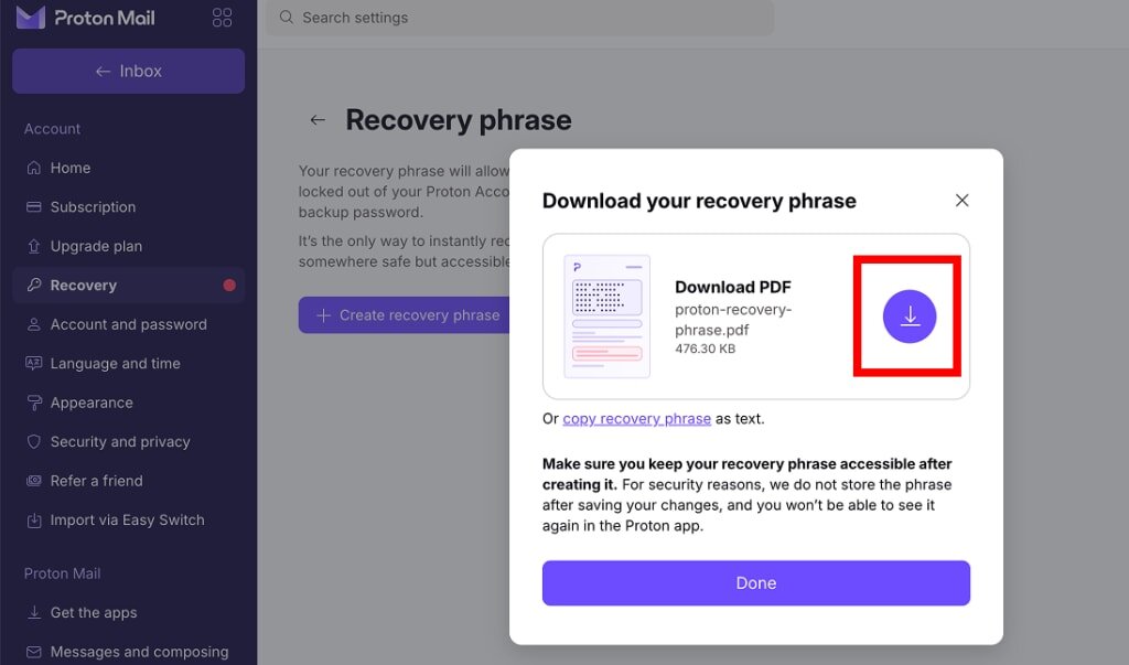 Ventana Download your recovery phrase de Proton con el botón para bajar el PDF resaltado