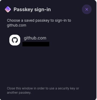 Ventana Passkey sign-in de Proton Pass con la passkey guardada de github.com para elegir