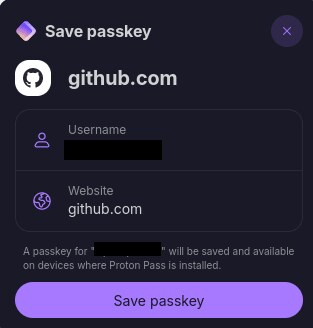 Ventana Save passkey de la extensión de Proton Pass para github.com, con el usuario tapado y el botón Save passkey