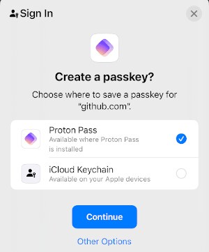 Aviso de iOS Create a passkey con Proton Pass marcado frente a iCloud Keychain y el botón Continue