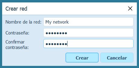 Ventana Crear red de Radmin VPN con Nombre de la red, Contraseña, Confirmar contraseña y los botones Crear y Cancelar