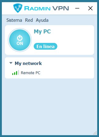 Ventana de Radmin VPN con la red My network desplegada y otro equipo, Remote PC, con tres rayitas verdes de conexión