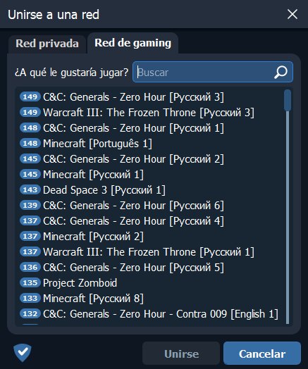 Pestaña Red de gaming de Radmin VPN con una lista de redes públicas de juegos como Minecraft o Warcraft III, cada una con más de cien personas