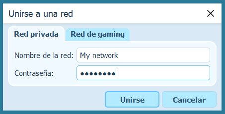Ventana Unirse a una red de Radmin VPN, en la pestaña Red privada, con el nombre de la red y la contraseña, y los botones Unirse y Cancelar