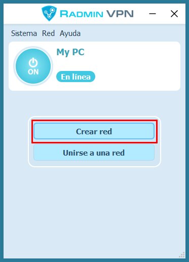 Ventana de Radmin VPN en español con el botón ON, el equipo En línea y los botones Crear red y Unirse a una red