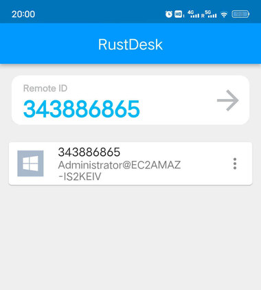 RustDesk en Android: el recuadro Remote ID con un número escrito y la flecha para conectar, y debajo un equipo Windows reciente