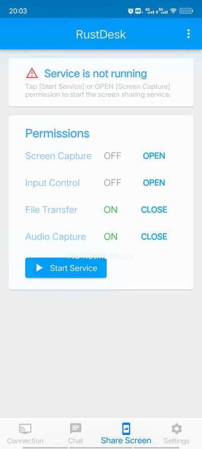 RustDesk en Android, pestaña Share Screen, con el aviso Service is not running, los permisos y el botón Start Service