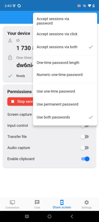 RustDesk en Android, pestaña Share screen, con el servicio en marcha y el menú de contraseñas abierto