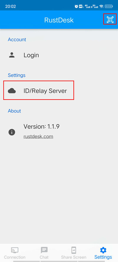 Ajustes de RustDesk en Android con la opción ID/Relay Server marcada