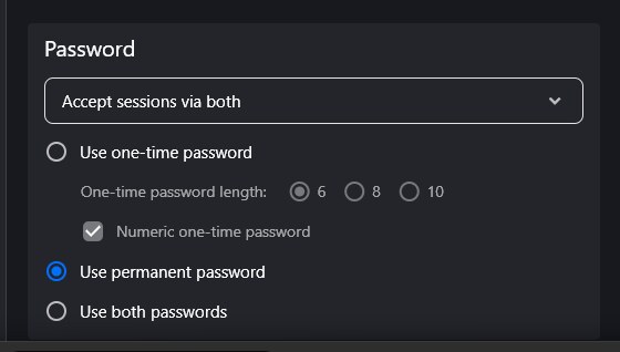 Ajustes de seguridad de RustDesk en Windows 11, apartado Password, con Use permanent password marcado