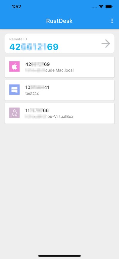 RustDesk en iPhone con el recuadro Remote ID y la lista de equipos recientes
