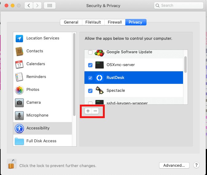 Ajustes de macOS, apartado Accesibilidad, con RustDesk marcado en la lista