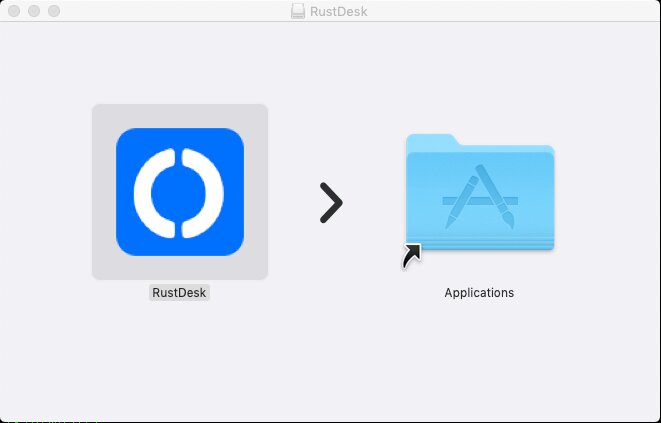 Ventana del instalador de RustDesk en macOS: el icono de RustDesk y una flecha hacia la carpeta Aplicaciones