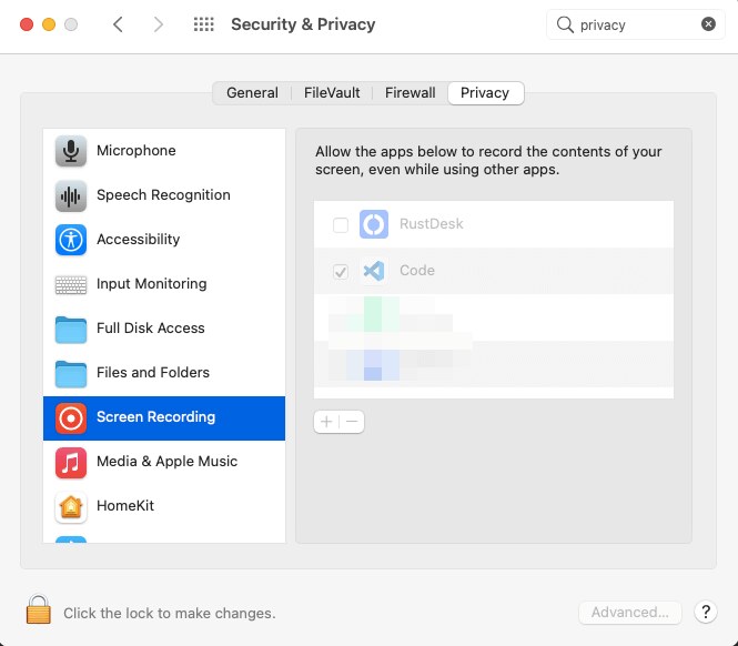 Ajustes de macOS, pestaña Privacidad, apartado Grabación de pantalla, con RustDesk en la lista de aplicaciones