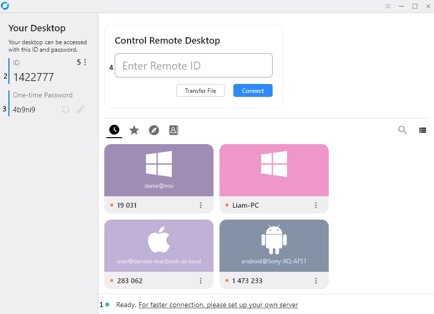 Ventana principal de RustDesk: a la izquierda, el ID del equipo y la contraseña de un solo uso; a la derecha, el recuadro Enter Remote ID con los botones Transfer File y Connect, y debajo los equipos recientes