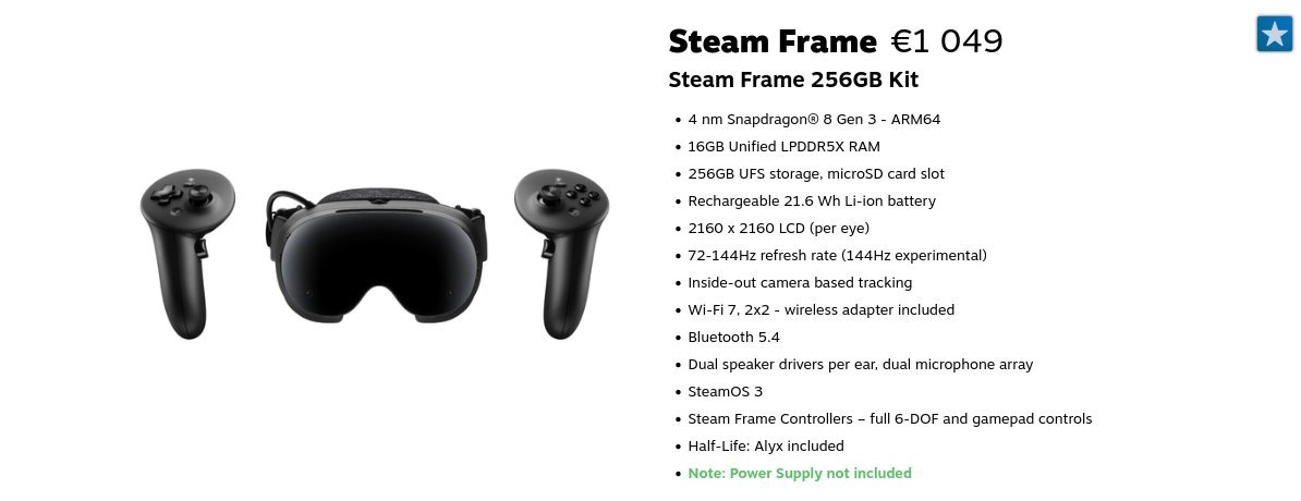 Ficha de Steam Frame en la tienda de Steam: el visor entre los dos mandos y la lista de características del kit de 256 GB