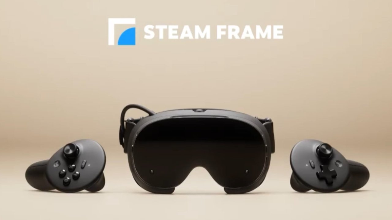 El visor Steam Frame entre sus dos mandos sobre fondo beige, con el logotipo de Steam Frame arriba