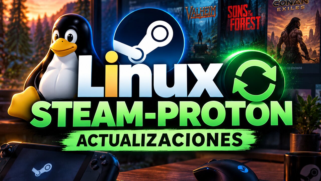 Linux, Steam-Proton, actualizaciones: el pingüino de Linux y el logotipo de Steam delante de una biblioteca de juegos