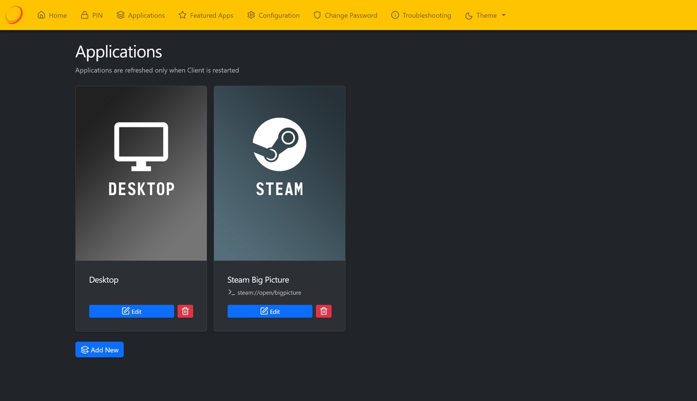 Pestaña Applications del panel de Sunshine con las aplicaciones Desktop y Steam Big Picture y el botón Add New