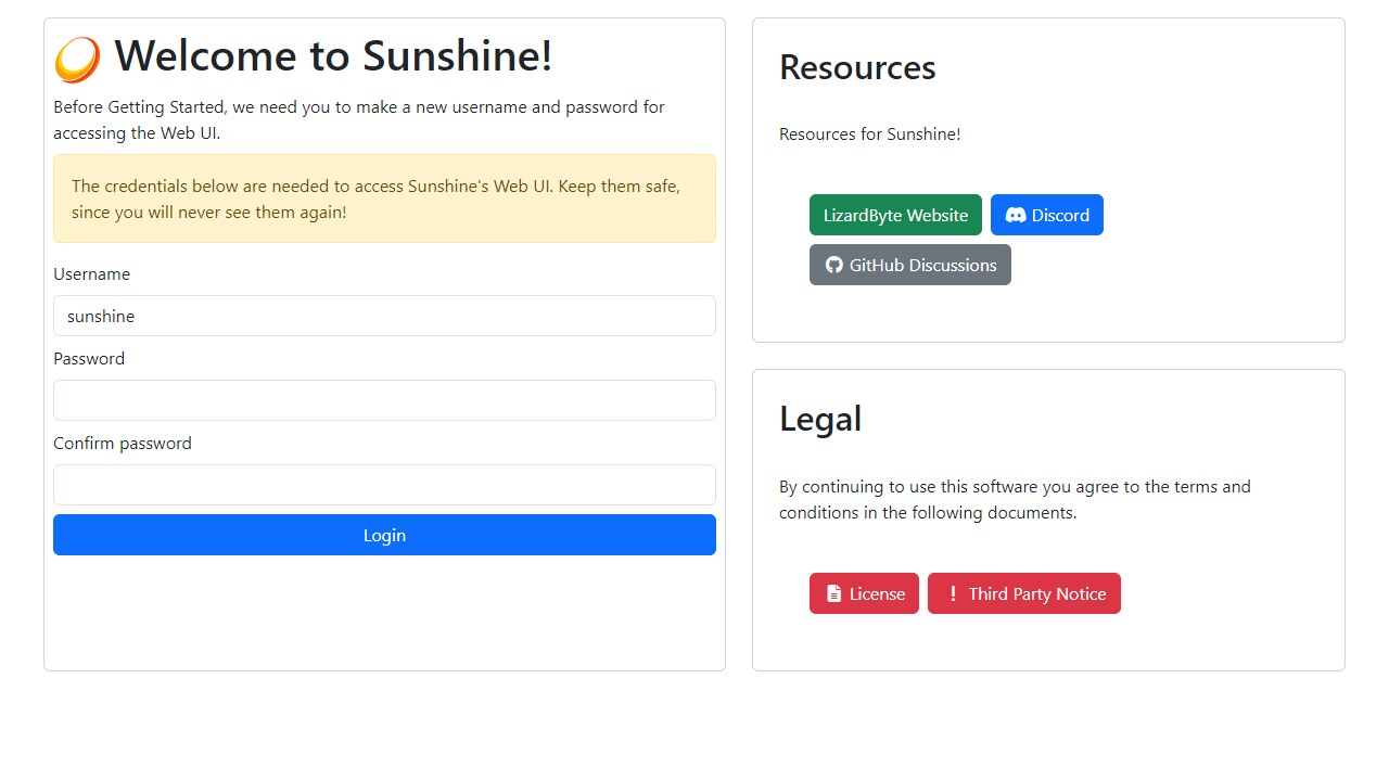 Página «Welcome to Sunshine» para crear el usuario y la contraseña, con el botón Login
