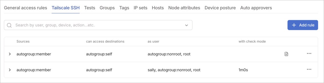Pestaña Tailscale SSH de Access controls con dos reglas: los miembros de la red pueden entrar a sus propios equipos como usuario normal o root, y una segunda con modo de comprobación de 1 minuto