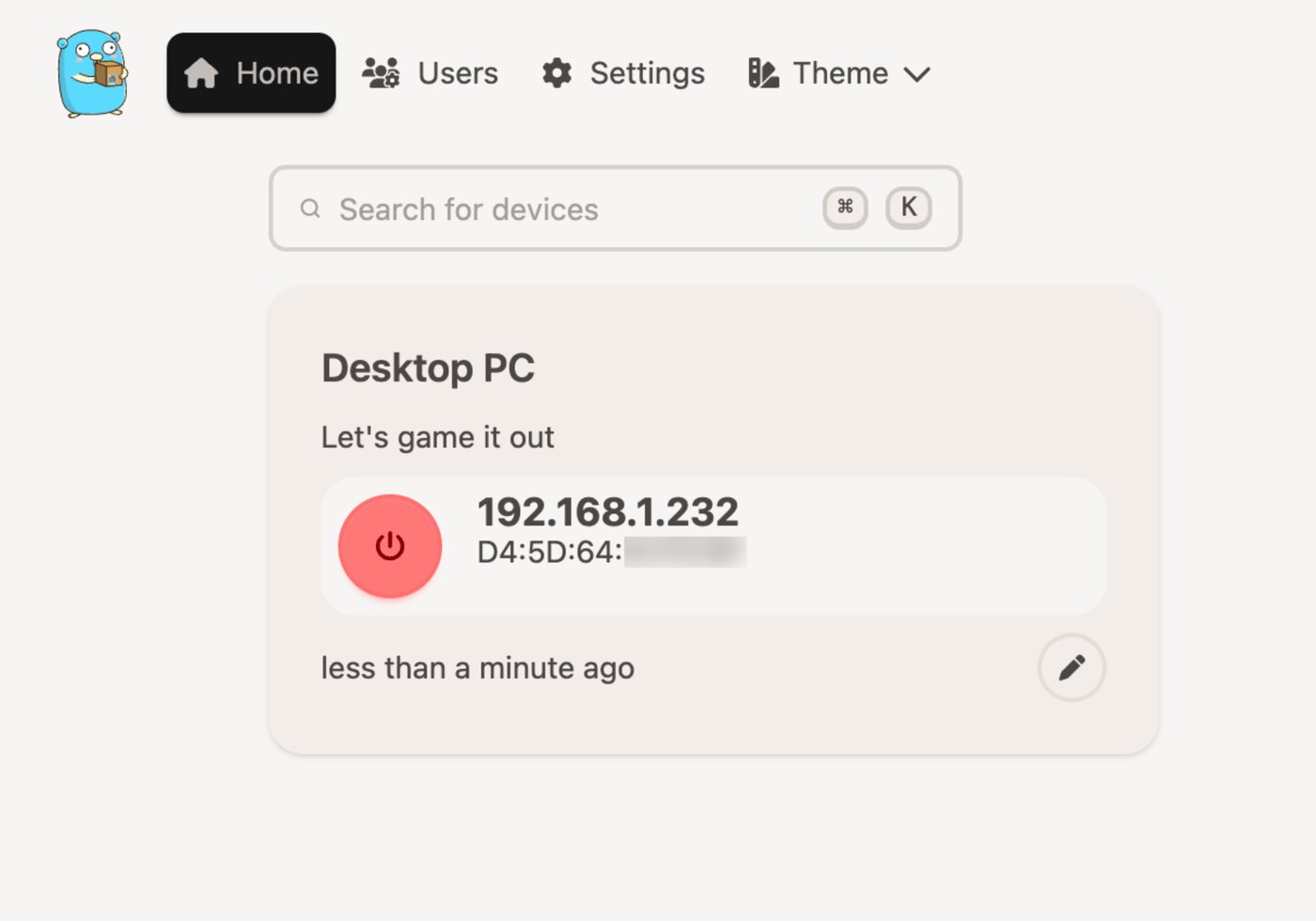 Panel web de UpSnap con un equipo «Desktop PC» con su dirección IP y MAC y un botón de encendido