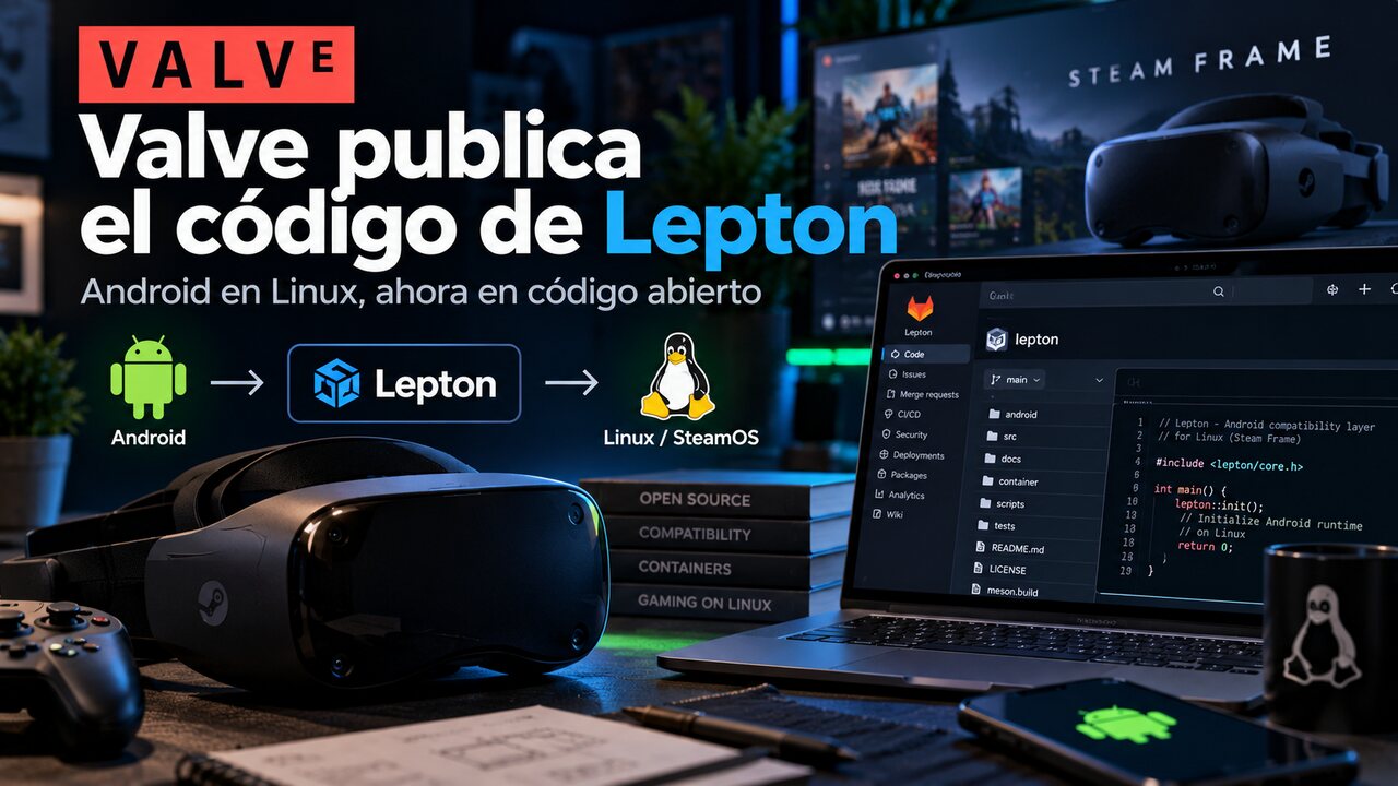 Visor Steam Frame y un portátil con el repositorio de Lepton abierto, con el texto «Valve publica el código de Lepton» y el paso de Android a Linux y SteamOS