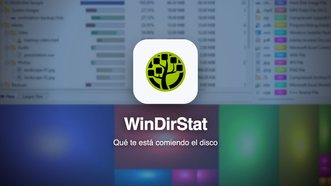 Logotipo de WinDirStat sobre una captura de su mapa de archivos