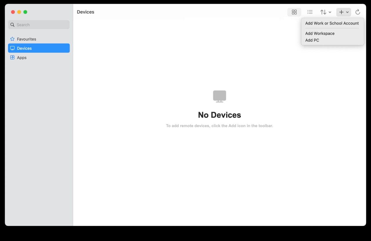 Windows App en un Mac, en Devices, con el menú del botón más abierto y la opción Add PC